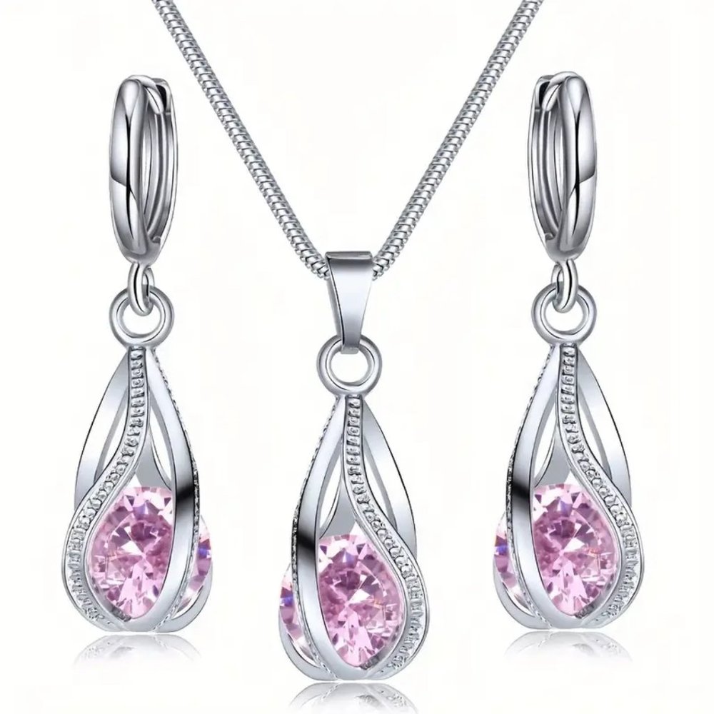3 pcs, Pink Stone Jewelry Set, Earrings & Necklace.